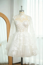 Dreamy Little White A-Line High Illusion Neck Long Sleeves Lace Wedding Dresses