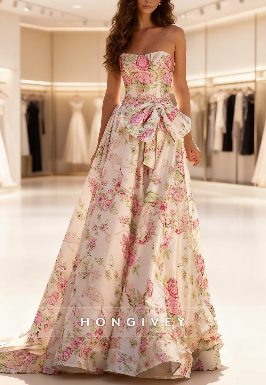 Floral Print Bow A-Line Sleeveless Prom Dress
