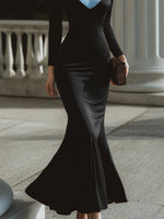 Contrast Collar Long Sleeve Mermaid Evening Gowns