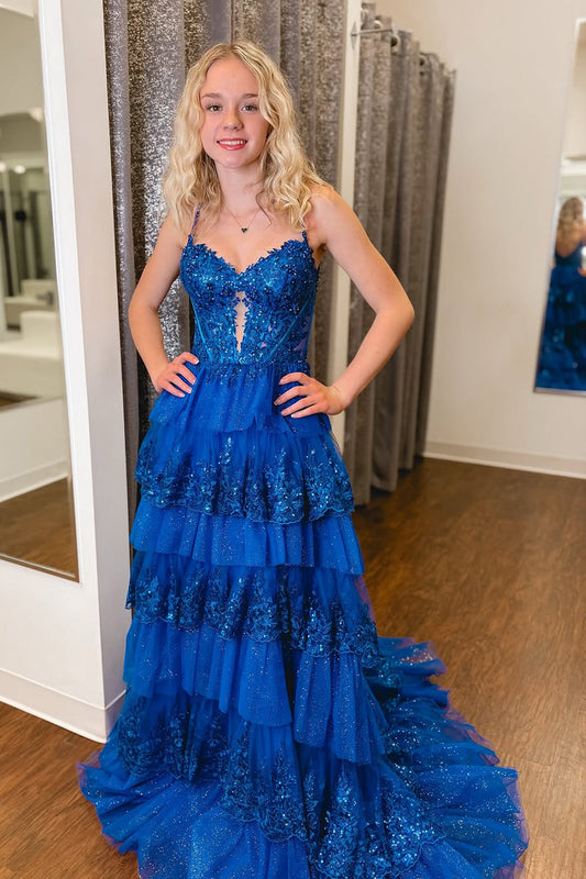 Cute A Line V Neck Royal Blue Tiered Tulle Prom Dress with Appliques