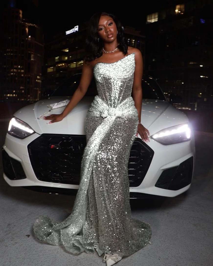 Hidais Tulle Asymmetric Strapless Sleeveless Long Pleated Mermaid Prom Dress With Sequins And Ruffles