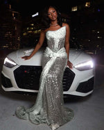 Hidais Tulle Asymmetric Strapless Sleeveless Long Pleated Mermaid Prom Dress With Sequins And Ruffles