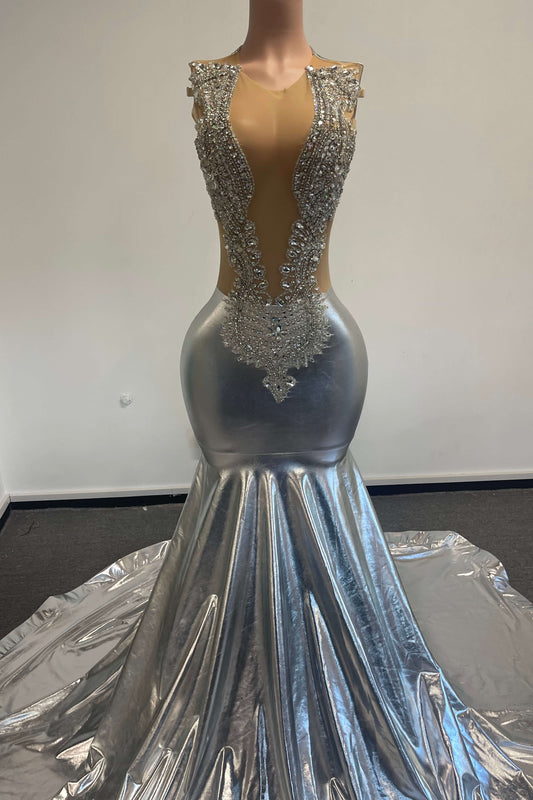 Silver Scoop Sleeveless Mermaid Prom Dress Long With Beadings Zipper Back
