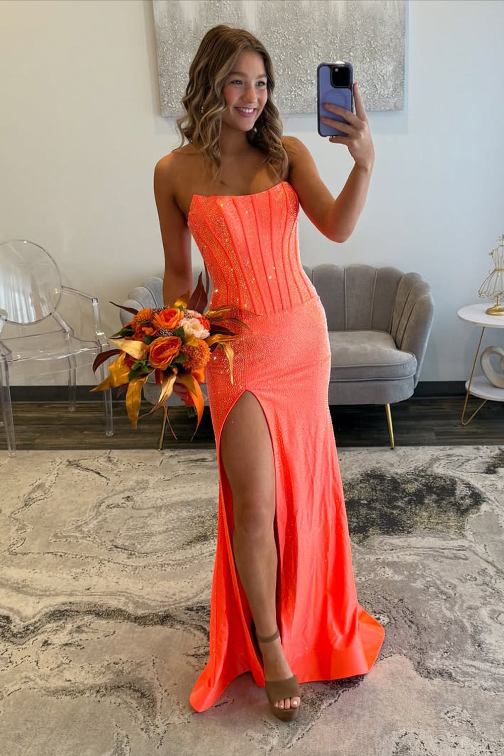 Sparkly Mermaid Scoop Neck Orange Satin Prom Dress with Hot Stone