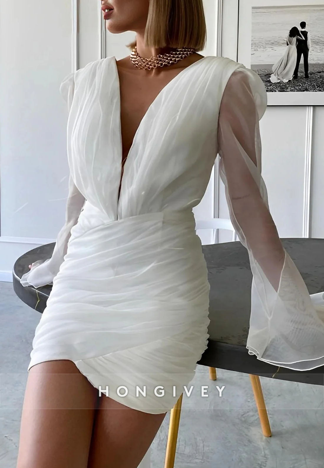 Bell Sleeves V Neck Sheath V Back Wedding Dresses with Ruffles