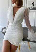 Bell Sleeves V Neck Sheath V Back Wedding Dresses with Ruffles