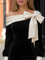Off-Shoulder Velvet Mini Evening Dress With Statement Bow