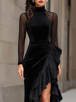 Velvet Evening Dress With Sheer Sleeves And Cascading Ruffle Slit