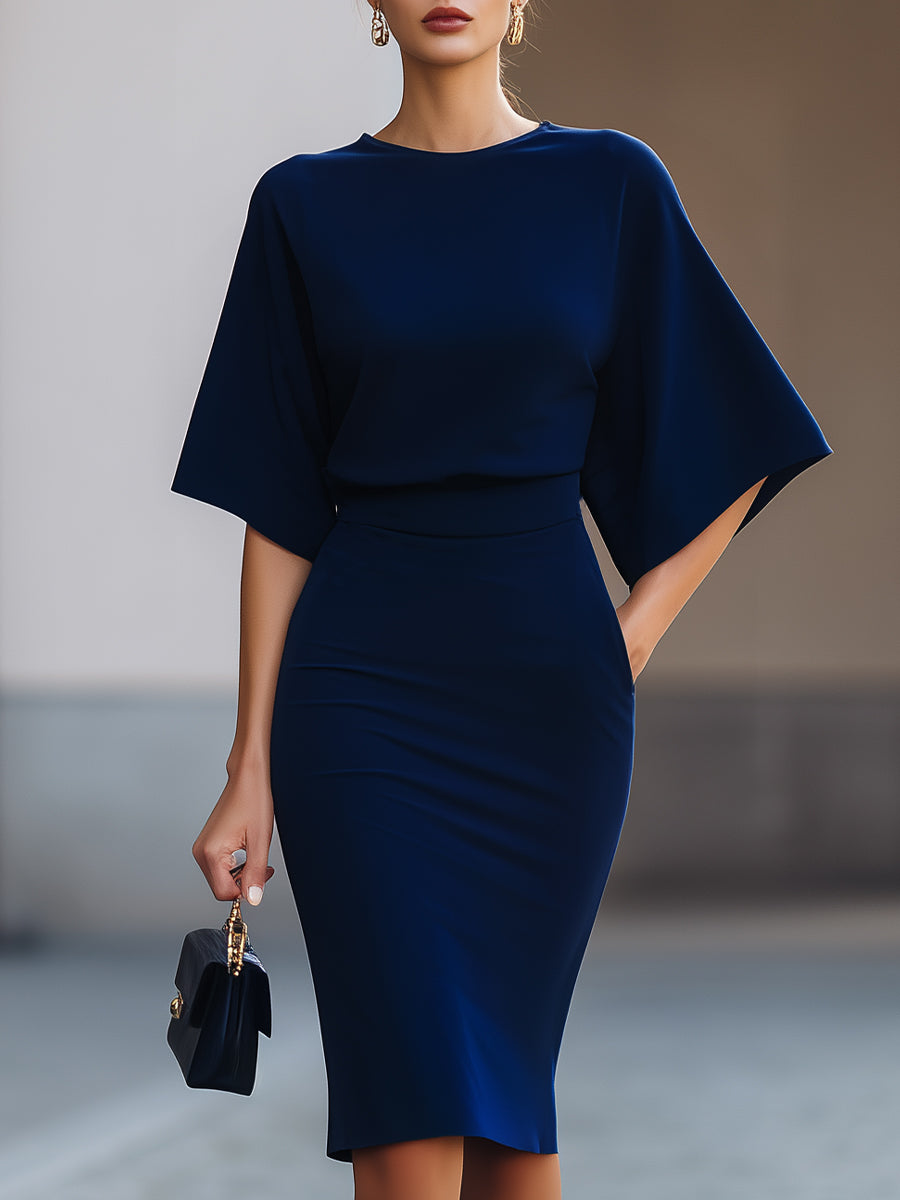 Minimalist Navy Batwing Sleeve Top Midi Skirt Two-Piece Set