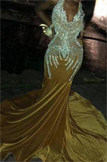 Stunning Yellow Halter Neck Mermaid Prom Dress Waist Skimming With Appliques