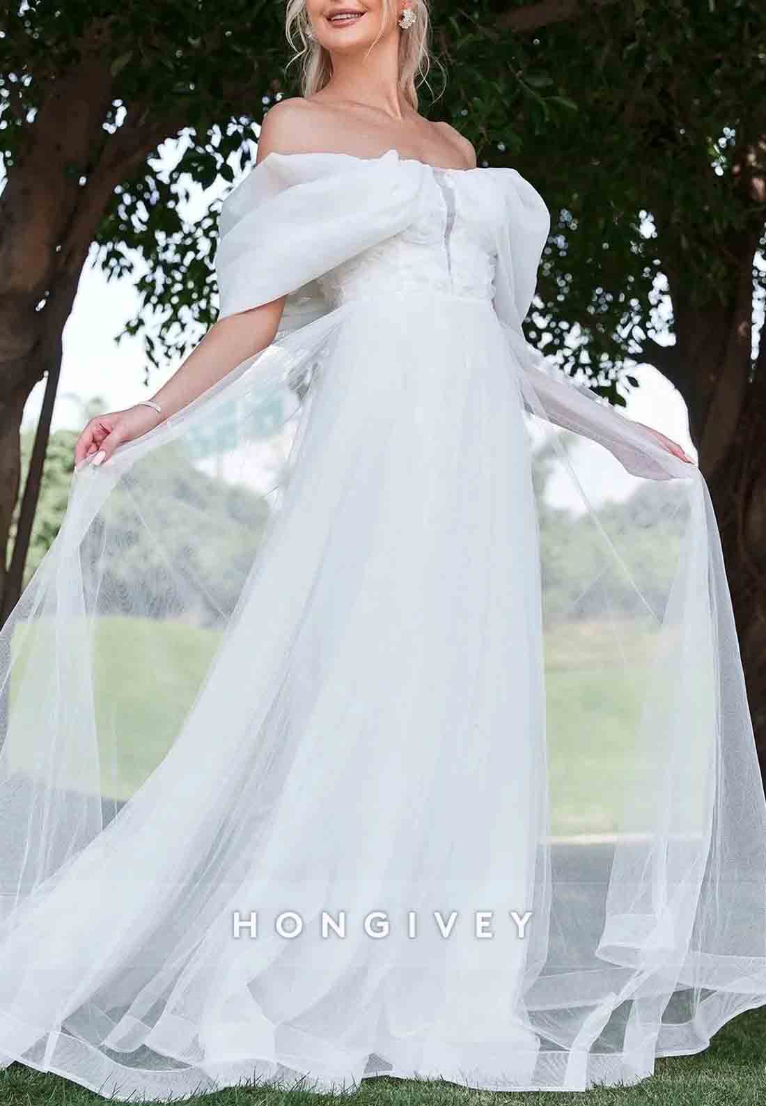 Floor-Length Off the Shoulder A-Line Tulle Shawl Wedding Dress