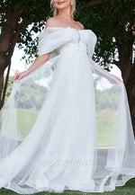Floor-Length Off the Shoulder A-Line Tulle Shawl Wedding Dress