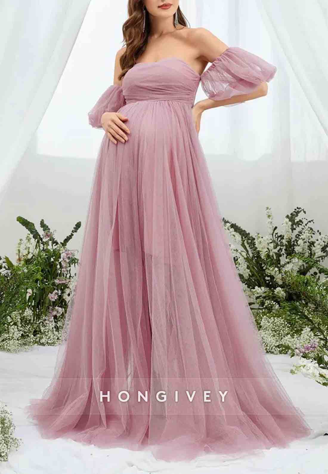 Maternity Sweetheart Off the Shoulder Puff Sleeve Mesh Overlay Wedding Dress