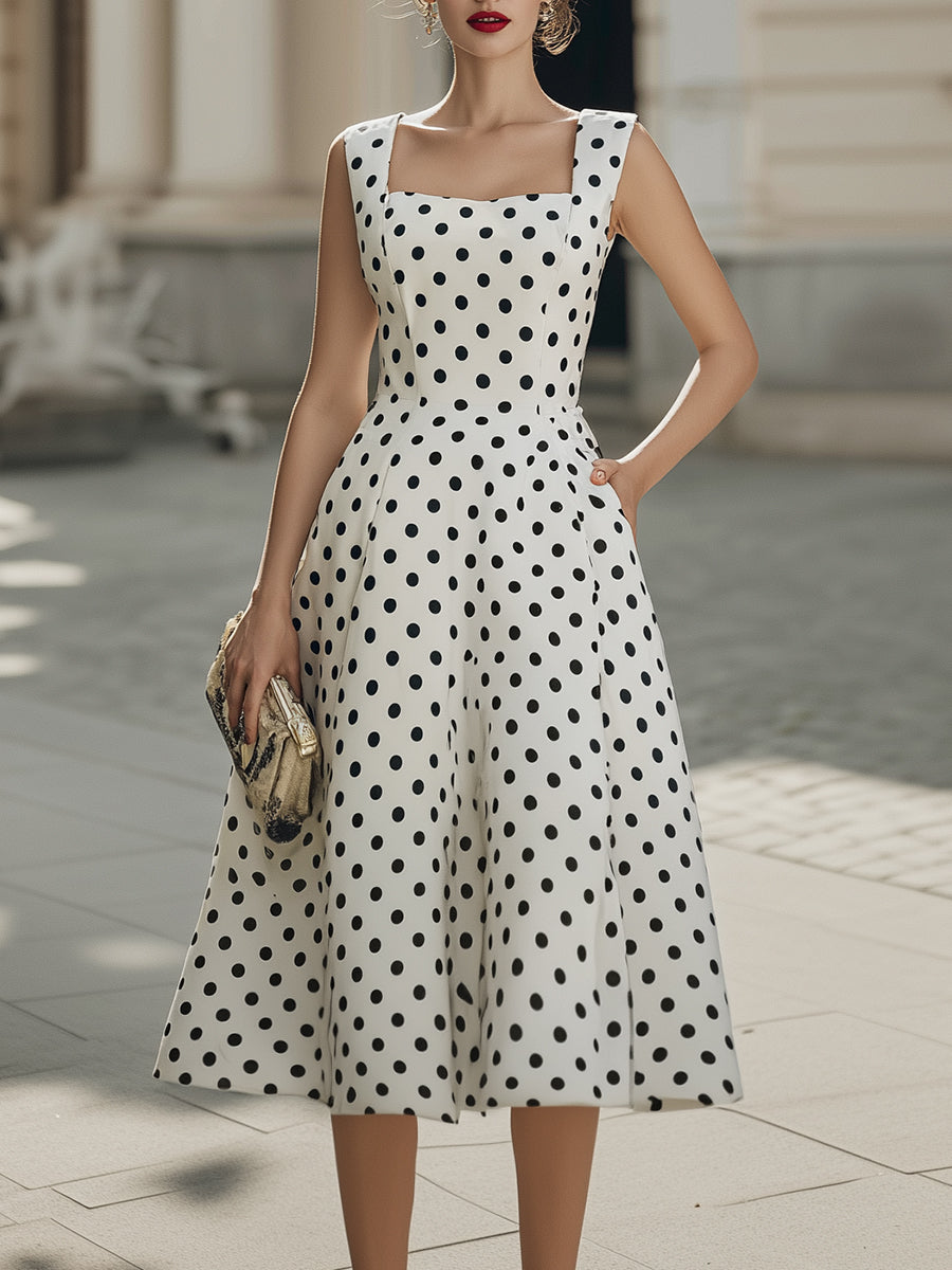 Polka Dot Square Neck Fit And Flare Midi Dress