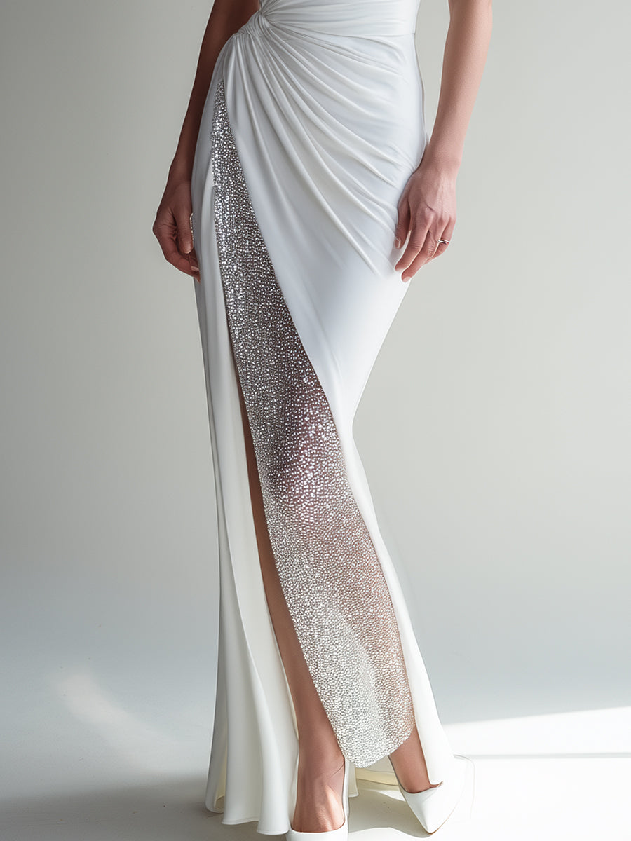 White Crystal-Embellished Ruched Side-Slit Evening Dress