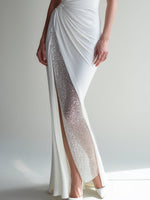 White Crystal-Embellished Ruched Side-Slit Evening Dress