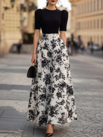 Black Puff Sleeve Bodice Black Floral Print Maxi Dress