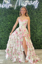 A Line Sweetheart Floral Chiffon Tiered Long Prom Dress with Slit