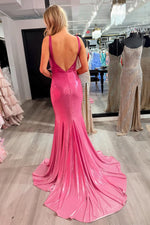 Sparkly Mermaid V Neck Stretch Satin Prom Dress with Hot Stone