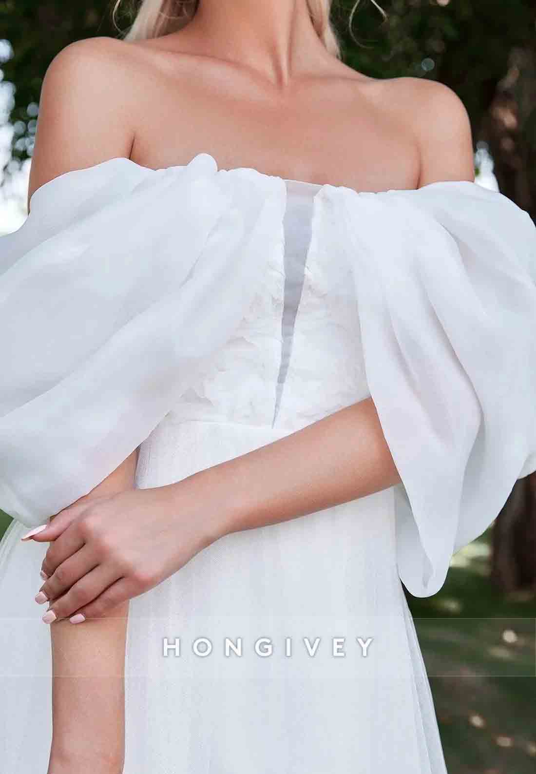 Floor-Length Off the Shoulder A-Line Tulle Shawl Wedding Dress