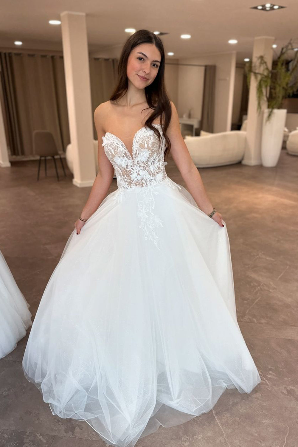 Fairy A Line V Neck Tulle Wedding Dresses