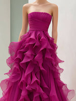 Strapless Magenta Ruffled Ball Gown