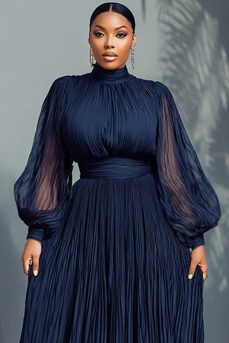 Plus Size Churchs Navy Blue Mock Neck Lantern Sleeve Long Sleeve See Through Elegant Ruffled Midi Dresses