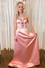 A-Line Strapless Pink Satin Long Prom Dresses with Bowknot