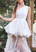 Gorgeous One Shoulder Satin Bodice Contrast Applique Tulle Overlay Wedding Dresses