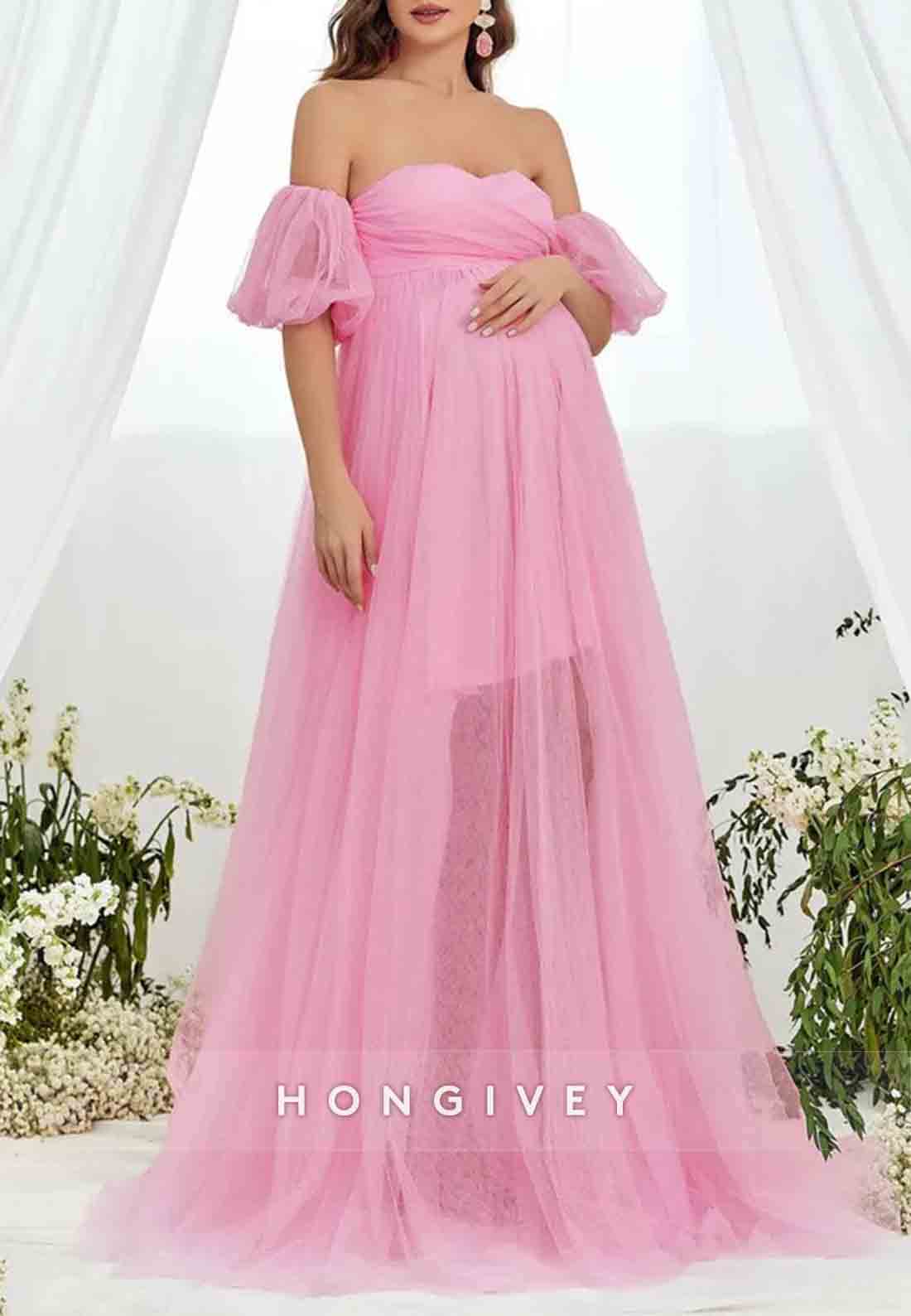 Maternity Sweetheart Off the Shoulder Puff Sleeve Mesh Overlay Wedding Dress