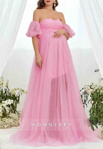 Maternity Sweetheart Off the Shoulder Puff Sleeve Mesh Overlay Wedding Dress