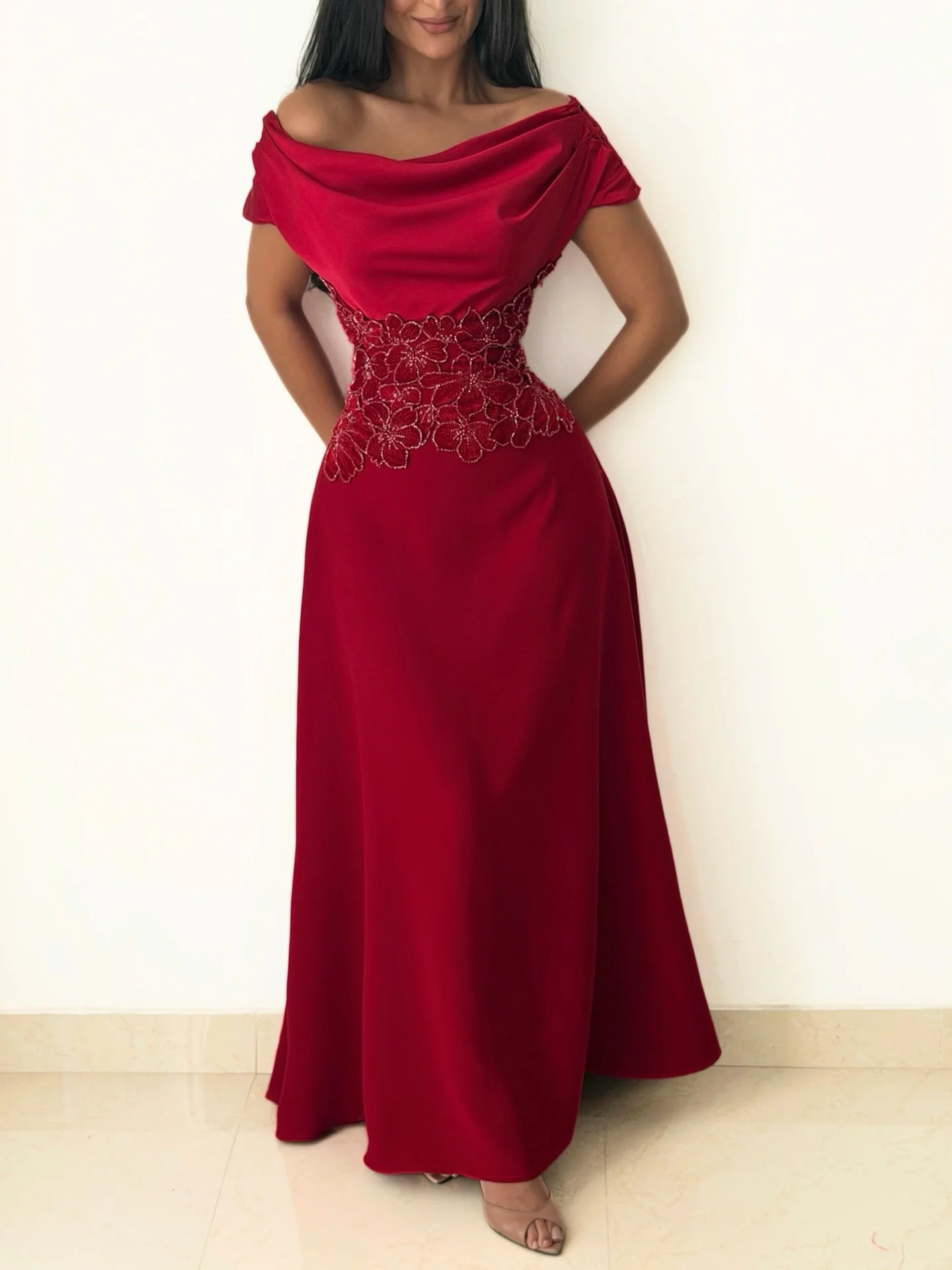 Burgundy Satin Off-The-Shoulder Sleeveless High Waist Long Prom Dress With Beadings