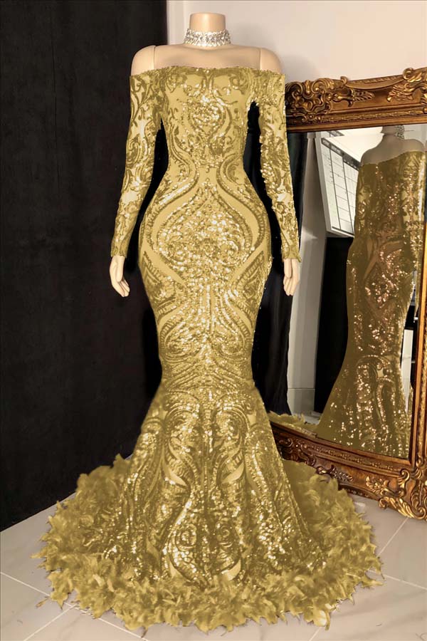 Hidais Long Sleeves Strapless Mermaid Prom Dress Sequins Burgundy With Feather