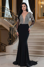 Long Sleeves Deep V-Neck Straps Mermaid Beaded Evening Dress