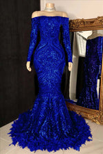 Hidais Long Sleeves Strapless Mermaid Prom Dress Sequins Burgundy With Feather