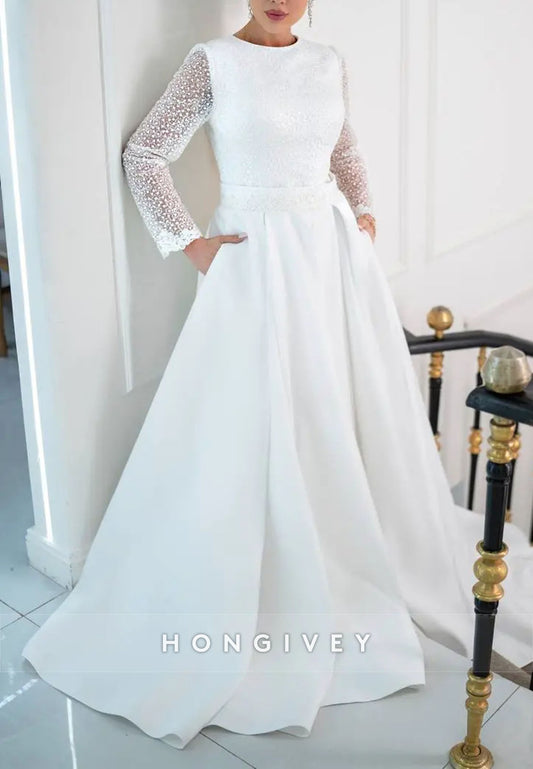 Long Sleeves Scoop A-Line Court Train Satin Wedding Dresses with Beading