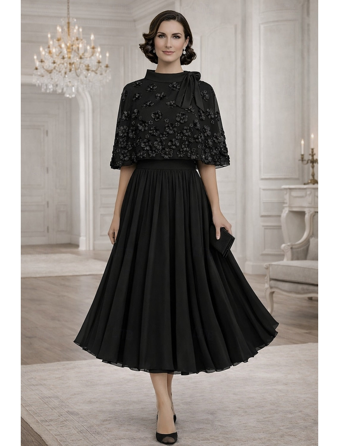 Flowers Short Shawl A-Line Tea-Length Formal Evening Dress