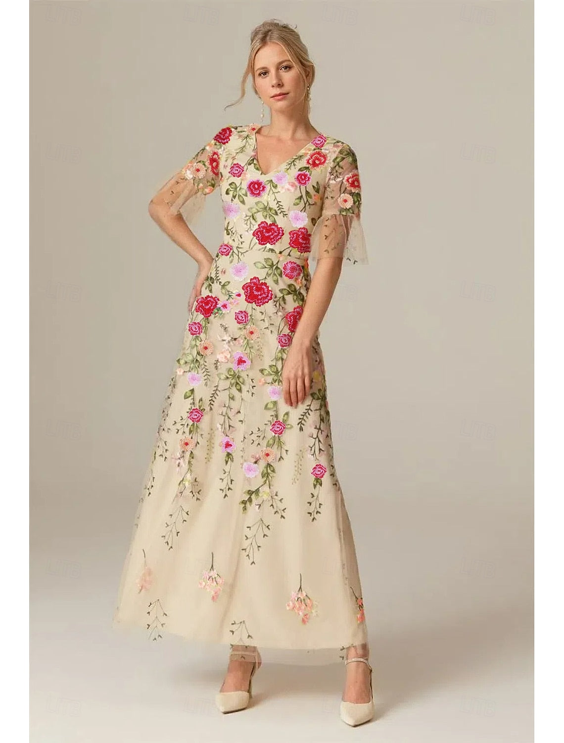 Flowers Applique Half Sleeve A-Line Ankle-Length Evening Dress