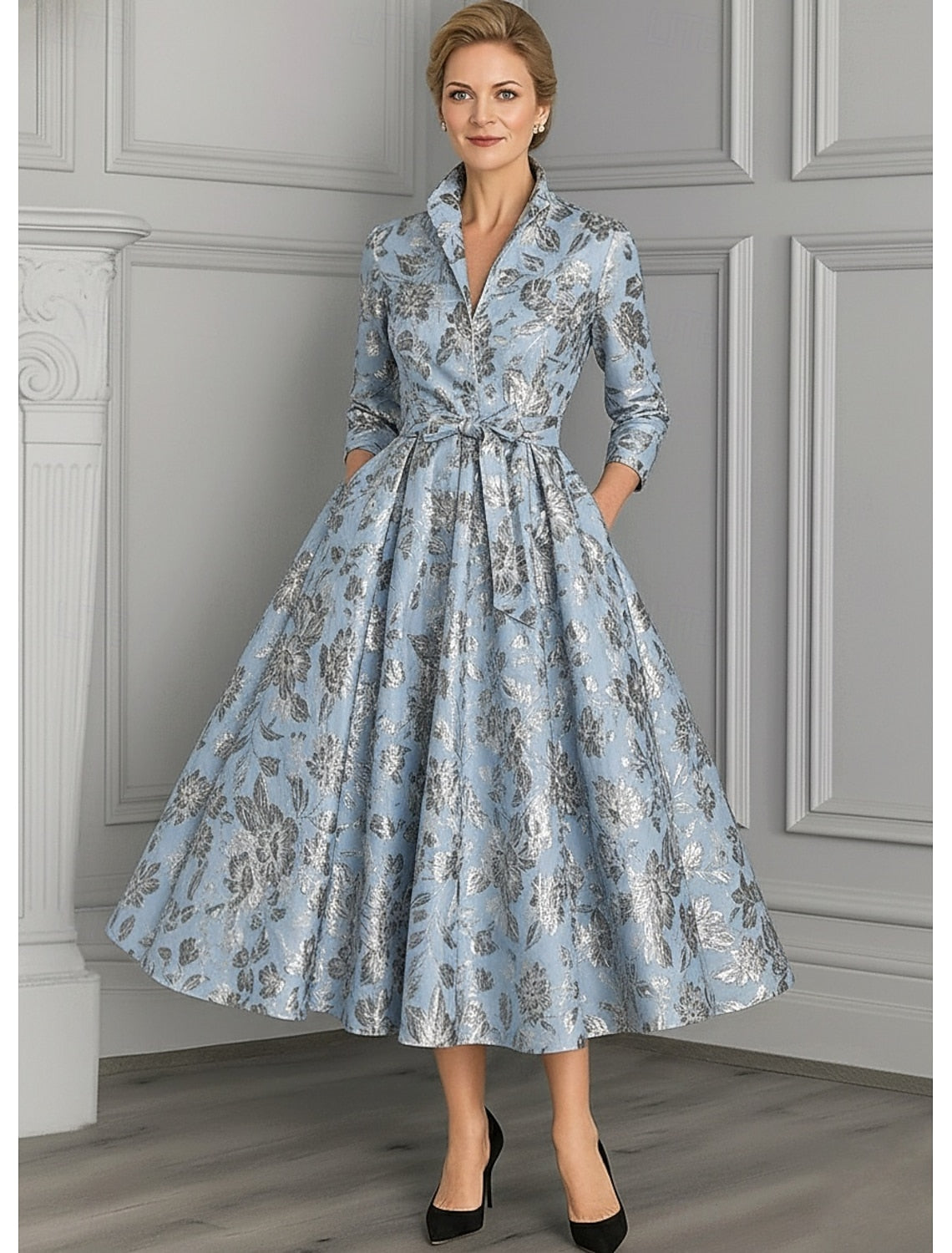 Flowers Floral Print Long Sleeve A-Line Evening Dress Ankle-Length