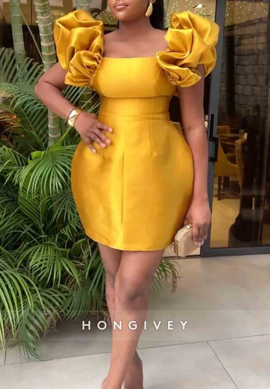 Pleated Short Satin Ruched Cap Sleeves Sheath Homecoming Dresses