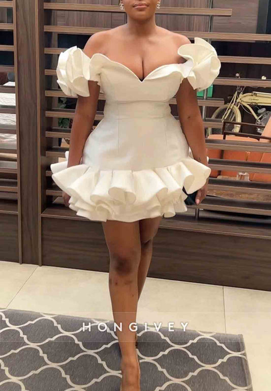 Off the Shoulder V-Neck Satin Low Back Mini Ruched Homecoming Dresses