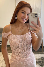 Elegant Blush Pink Off-Shoulder Lace Appliqué Long Formal Dress with Side Slit
