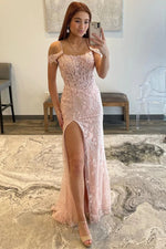 Elegant Blush Pink Off-Shoulder Lace Appliqué Long Formal Dress with Side Slit