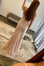 Elegant Blush Pink Off-Shoulder Lace Appliqué Long Formal Dress with Side Slit