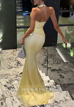 Halter Yellow Low V-Neck Floor-Length Mermaid Evening Gowns