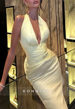 Halter Yellow Low V-Neck Floor-Length Mermaid Evening Gowns