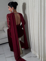 Burgundy Lace Long Sleeve Backless Mermaid Formal Evening Dress