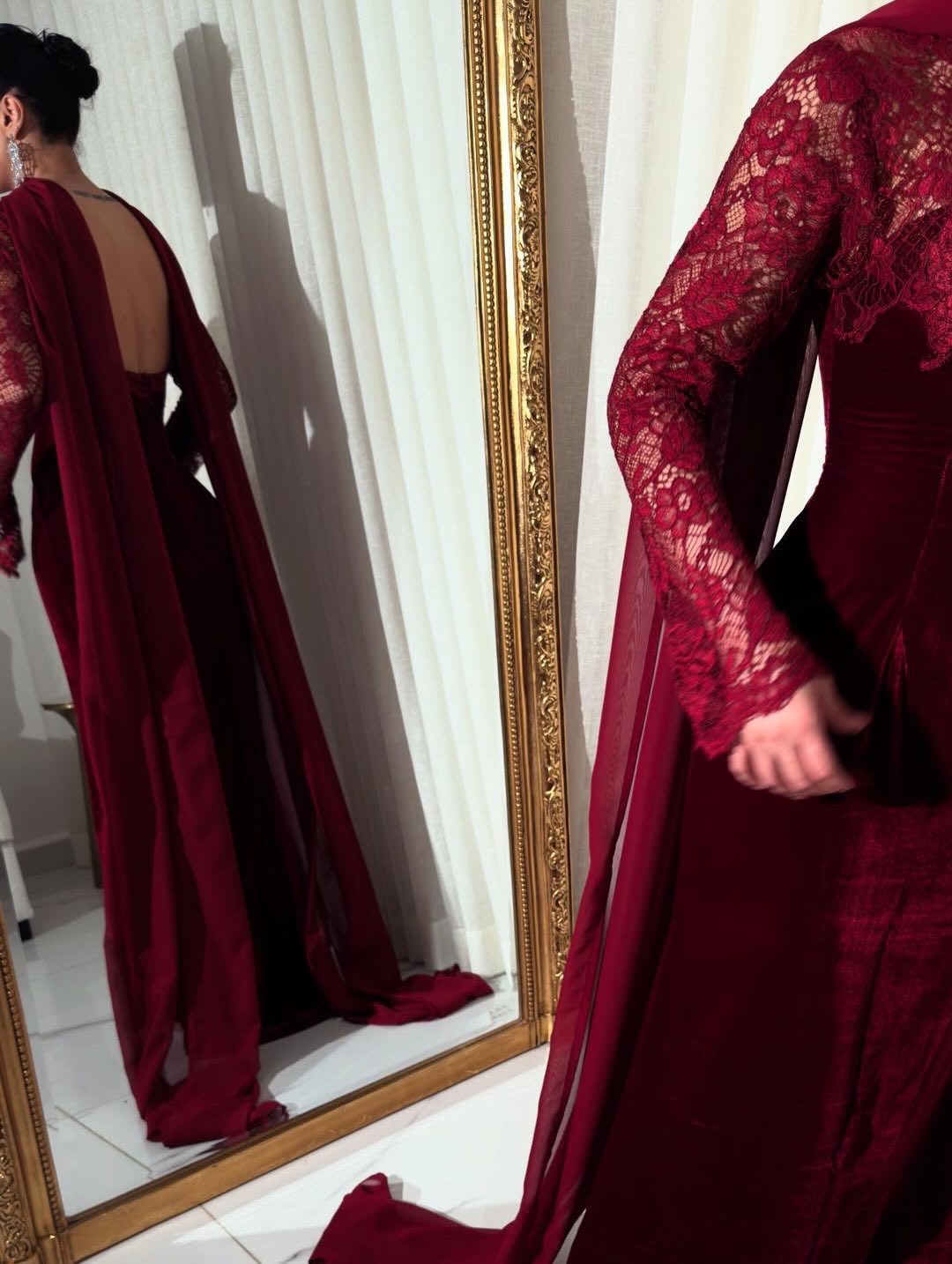 Burgundy Lace Long Sleeve Backless Mermaid Formal Evening Dress