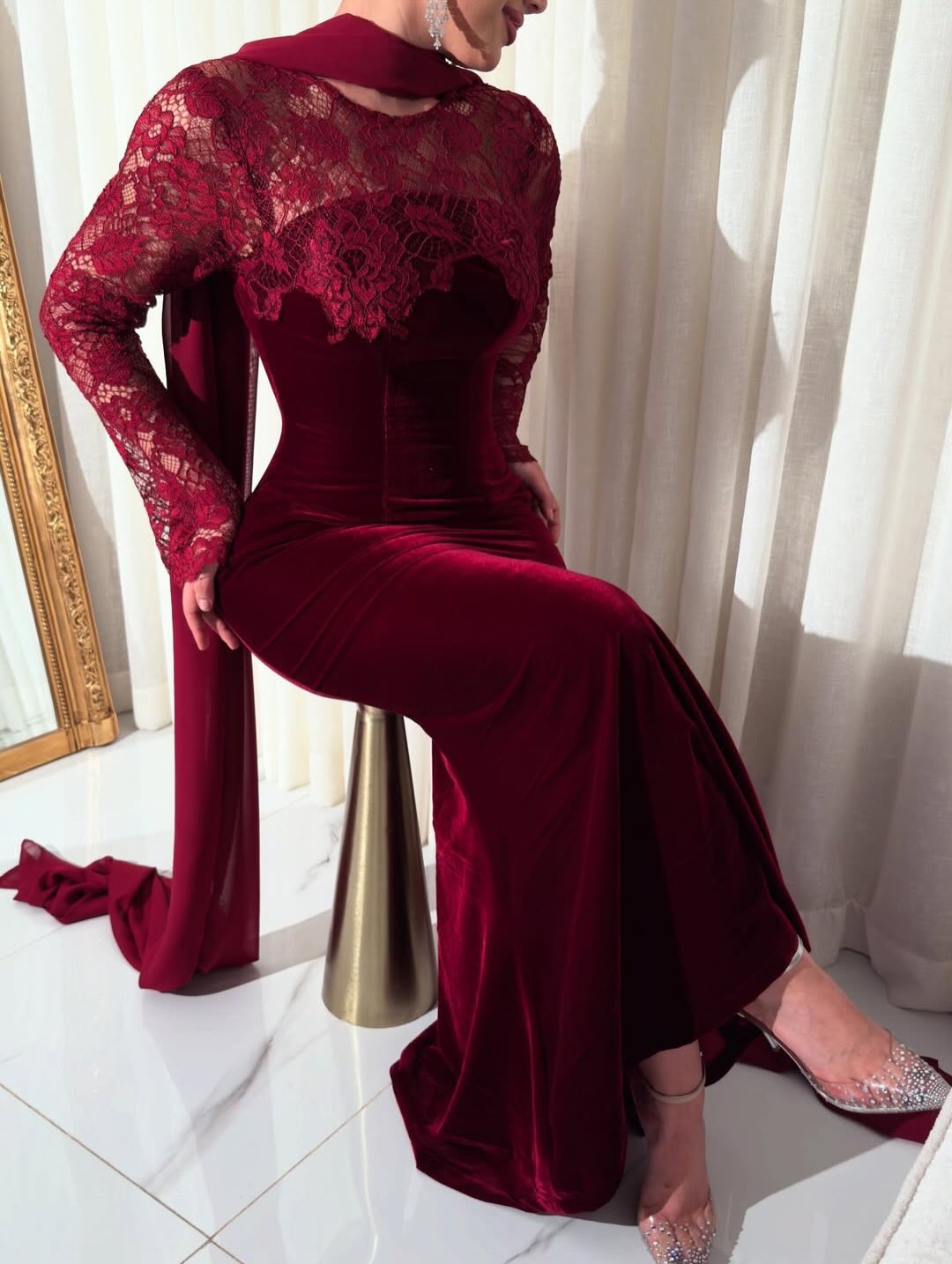 Burgundy Lace Long Sleeve Backless Mermaid Formal Evening Dress