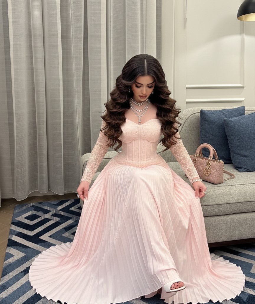 Elegant Pink Square Neck Long Sleeve A-Line Floor-Length Evening Dress